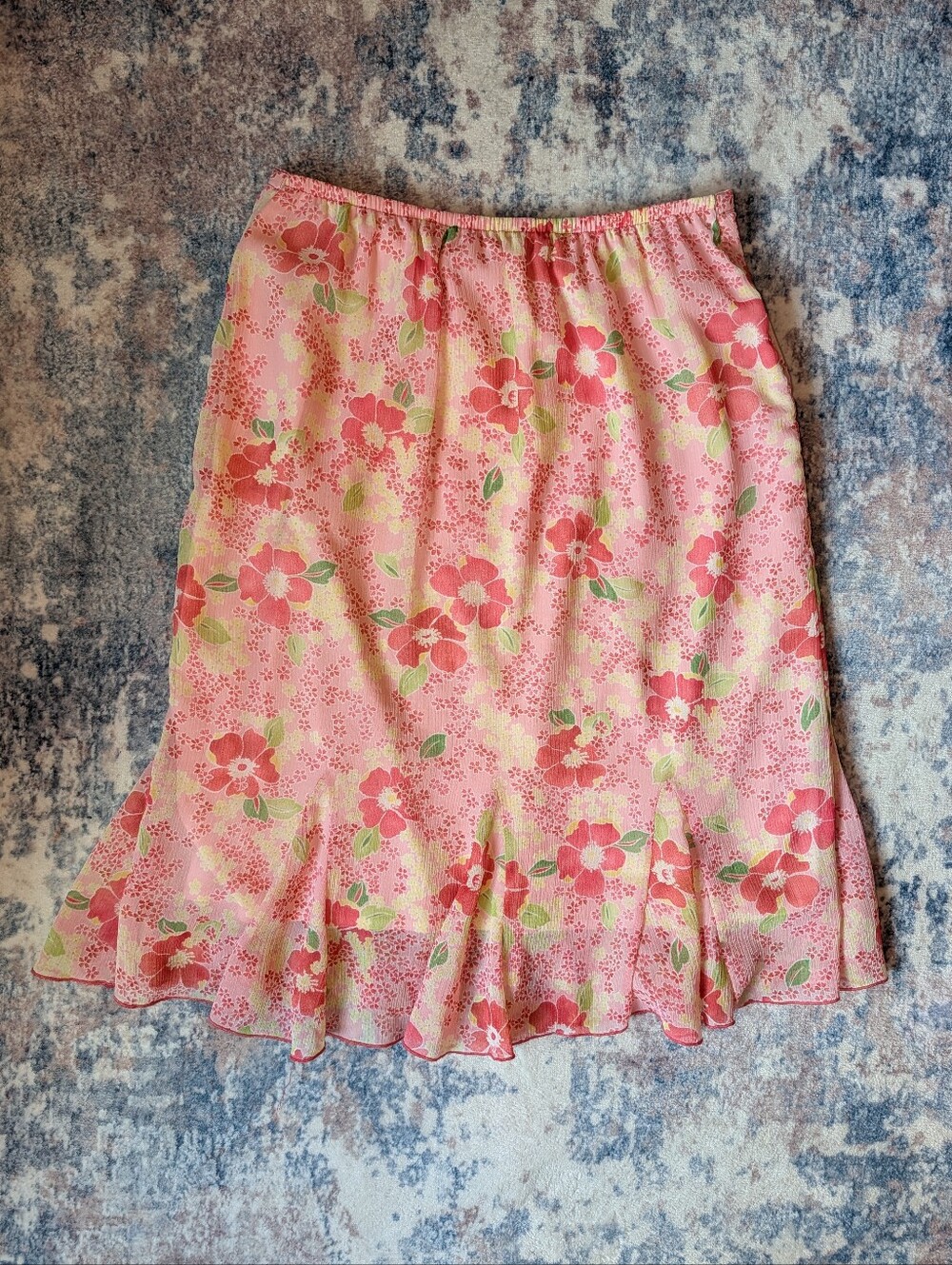 Dressbarn Pink Floral A-Line Skirt w/ Ruffle Hem
